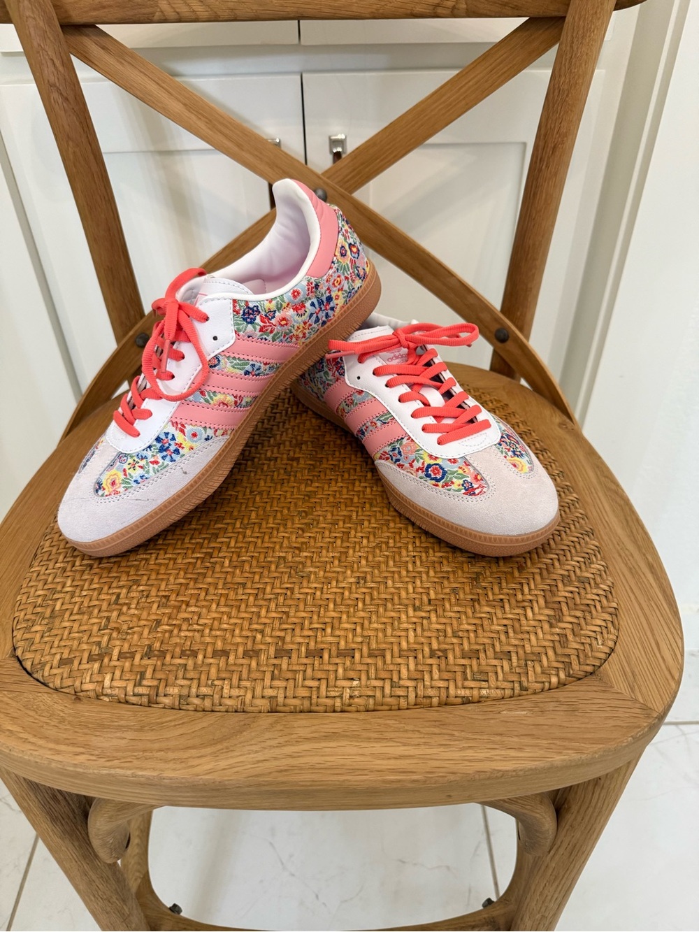 Adidas Women's Pink Floral Sneakers with Coral Laces